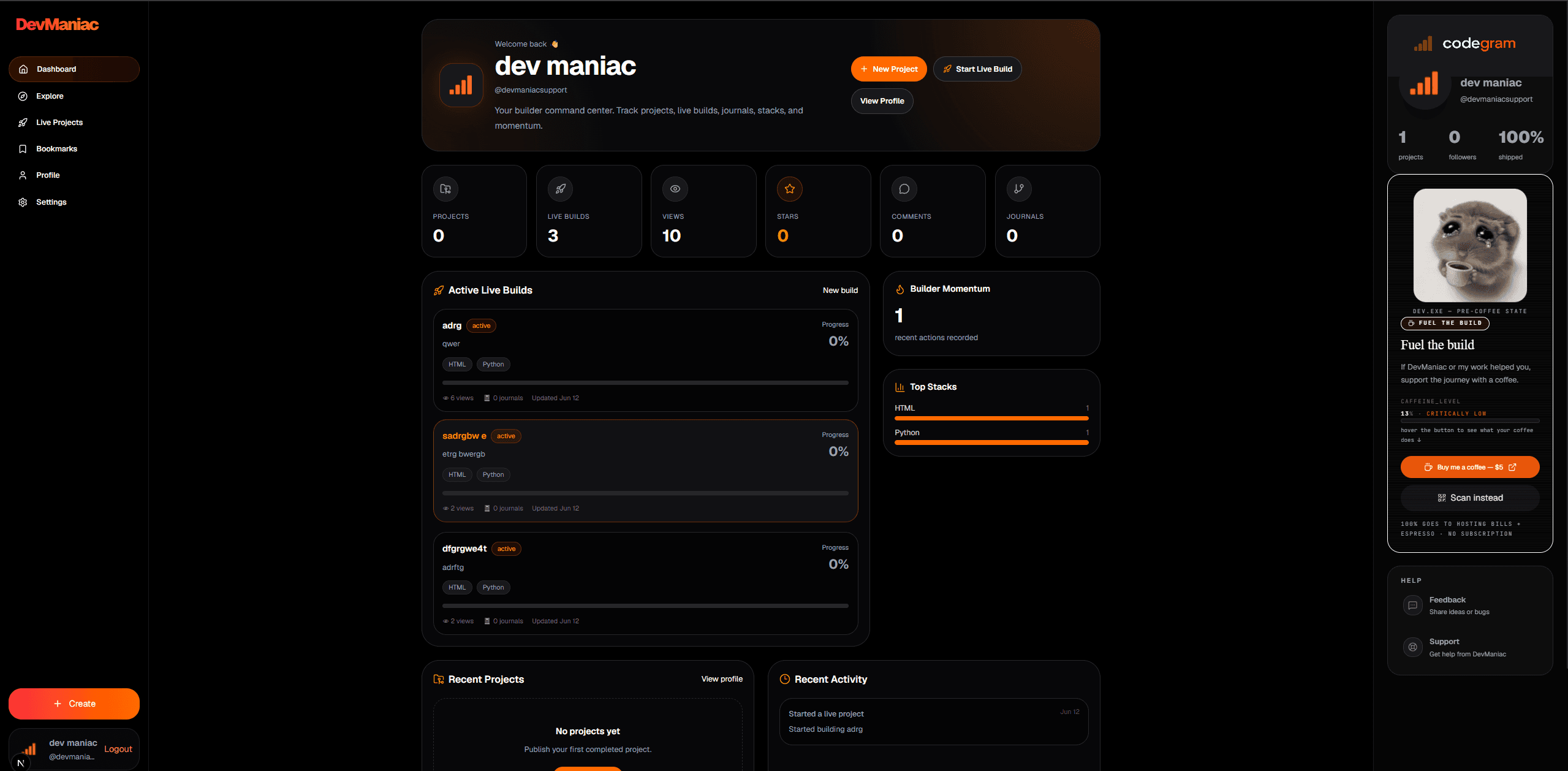 DevManiac dashboard